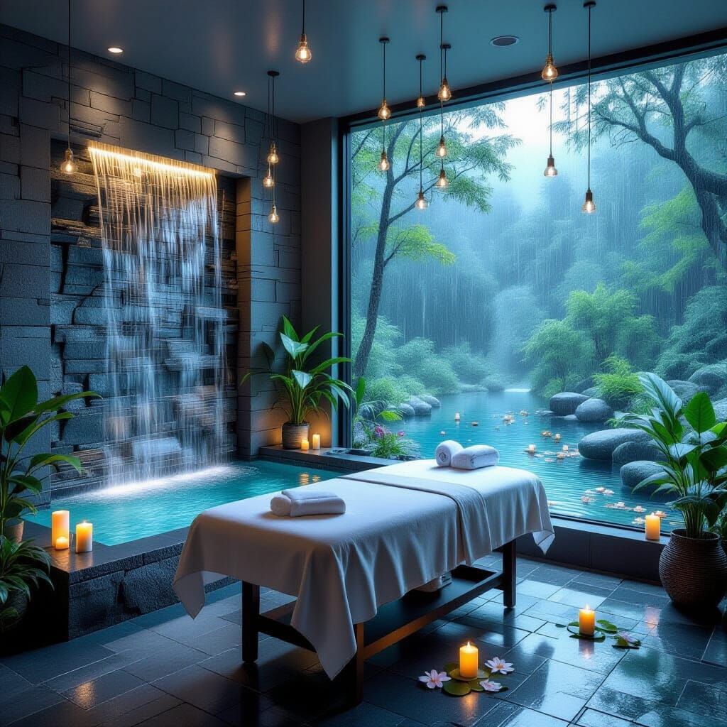 Serene Spa Room with Forest View and Waterfall