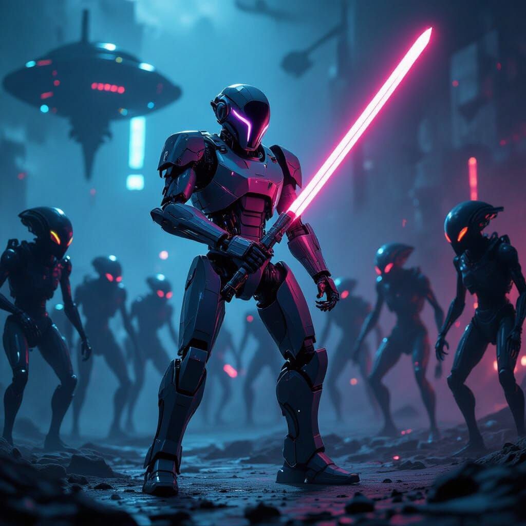 Giant Robot Battles Neon Aliens in Cyberpunk Style