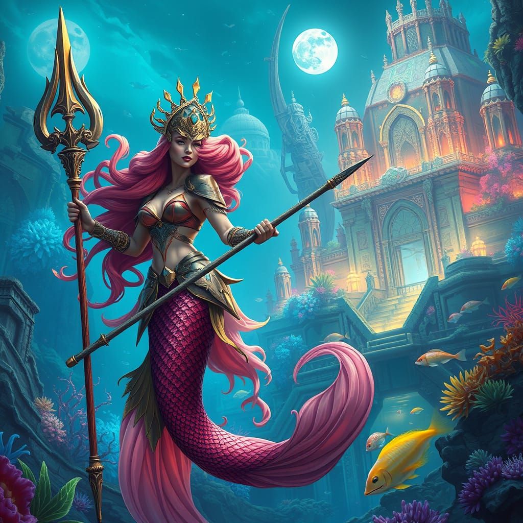 Mermaid Warrior Patrols Bioluminescent City in 3D