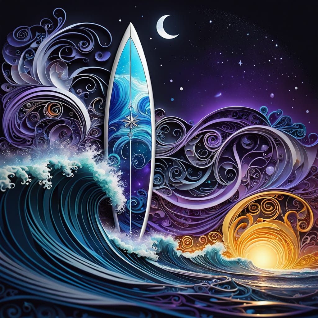 Glowing Surfboard in Cosmic Night