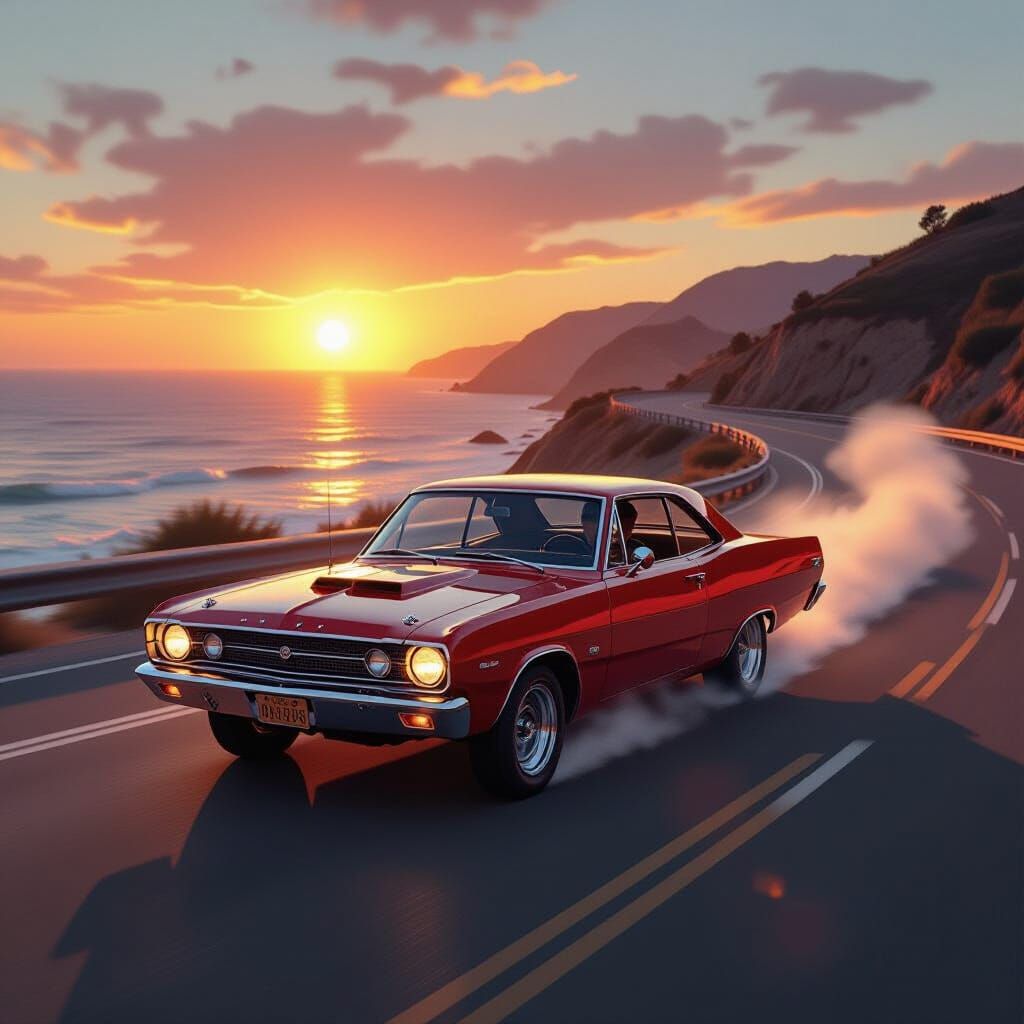 1967 Dodge Dart Swinger Drifts Coastal Highway at Sunset