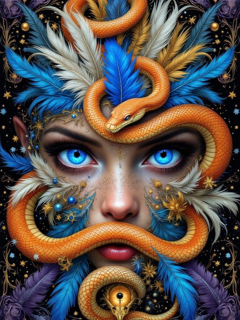 Surreal Kaleidoscopic Face with Snake and Feathers