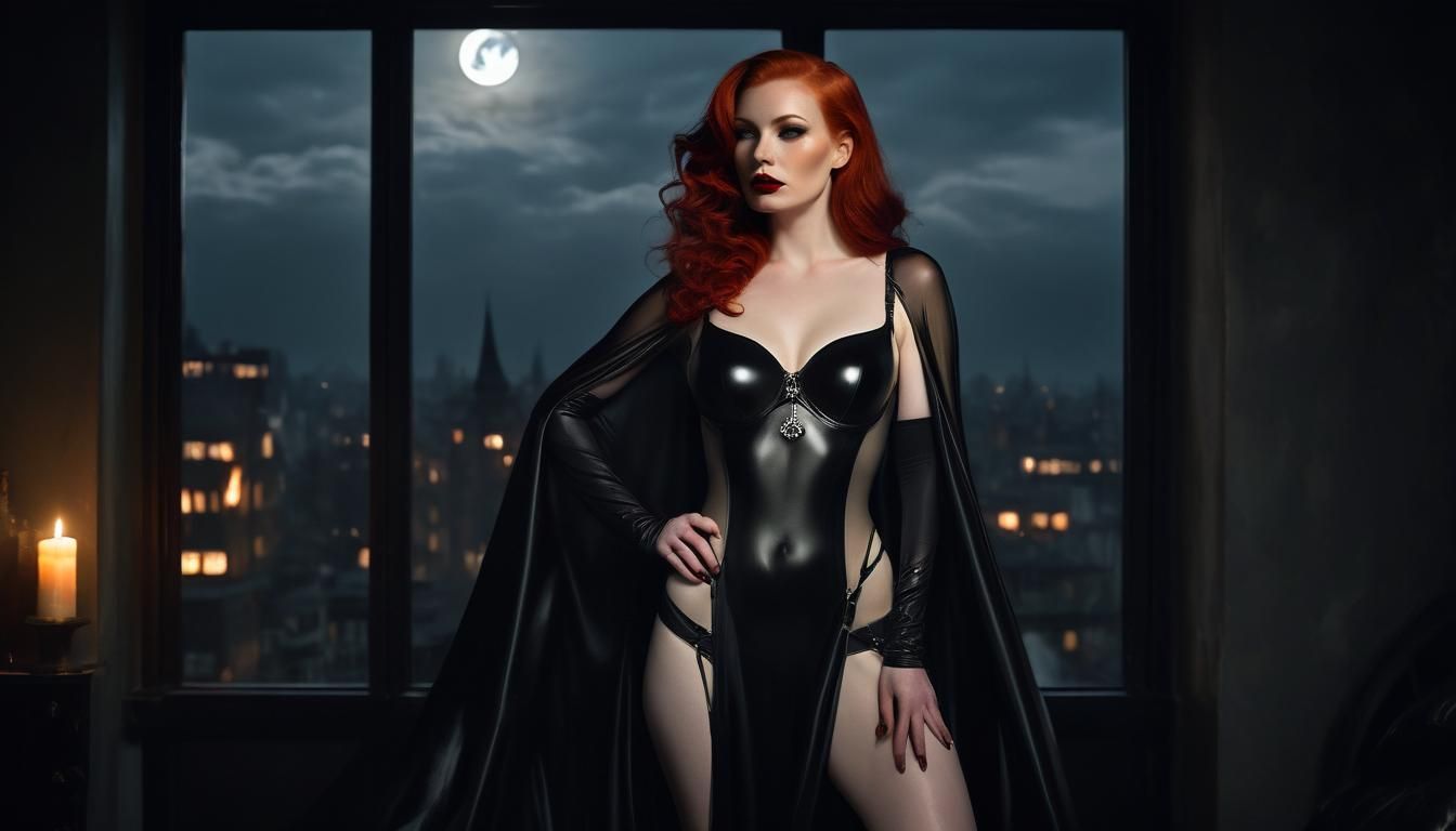 Eerie Redhead in Latex Lingerie Gaze at Moon