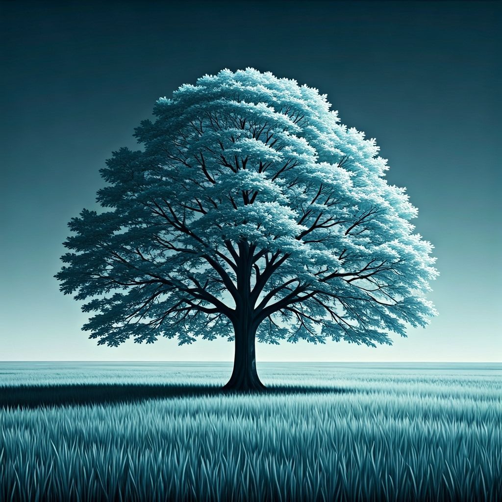 Monochrome Blue Tree in Field: Serene Landscape
