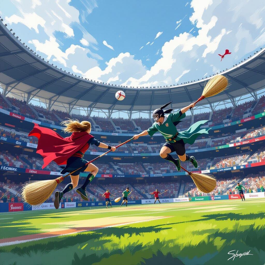 Quidditch Match in Futuristic Stadium