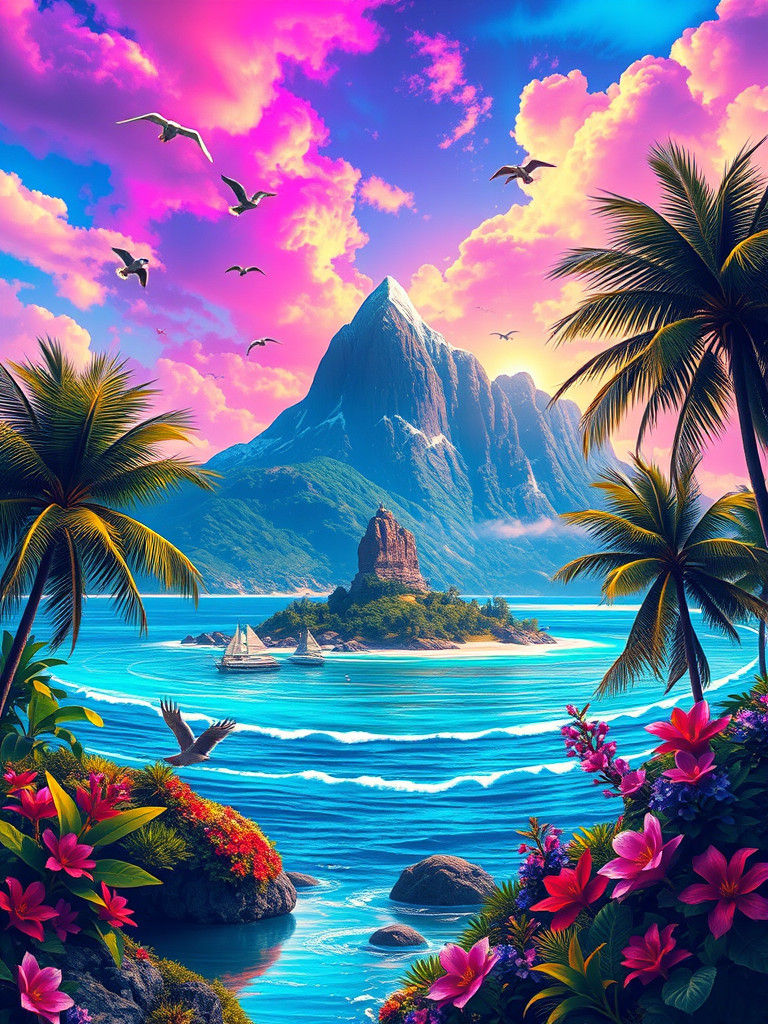 Neon Tropical Island Paradise: A Dreamlike Matte Painting
