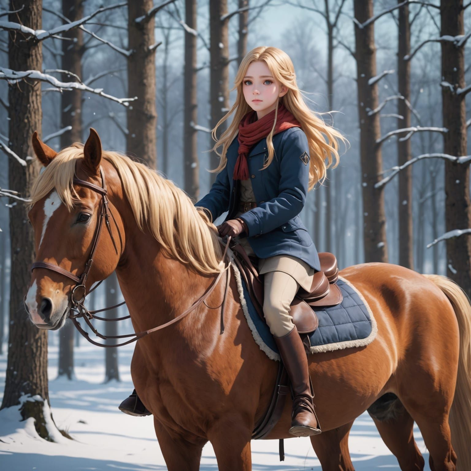 Anime Girl on Horse in Winter Forest