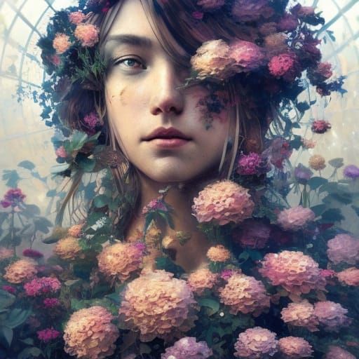 Flower Garden Portrait in Art Nouveau Style