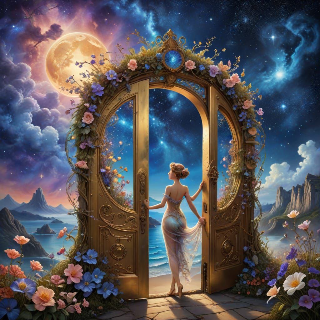 Golden Door in Starry Night Sky