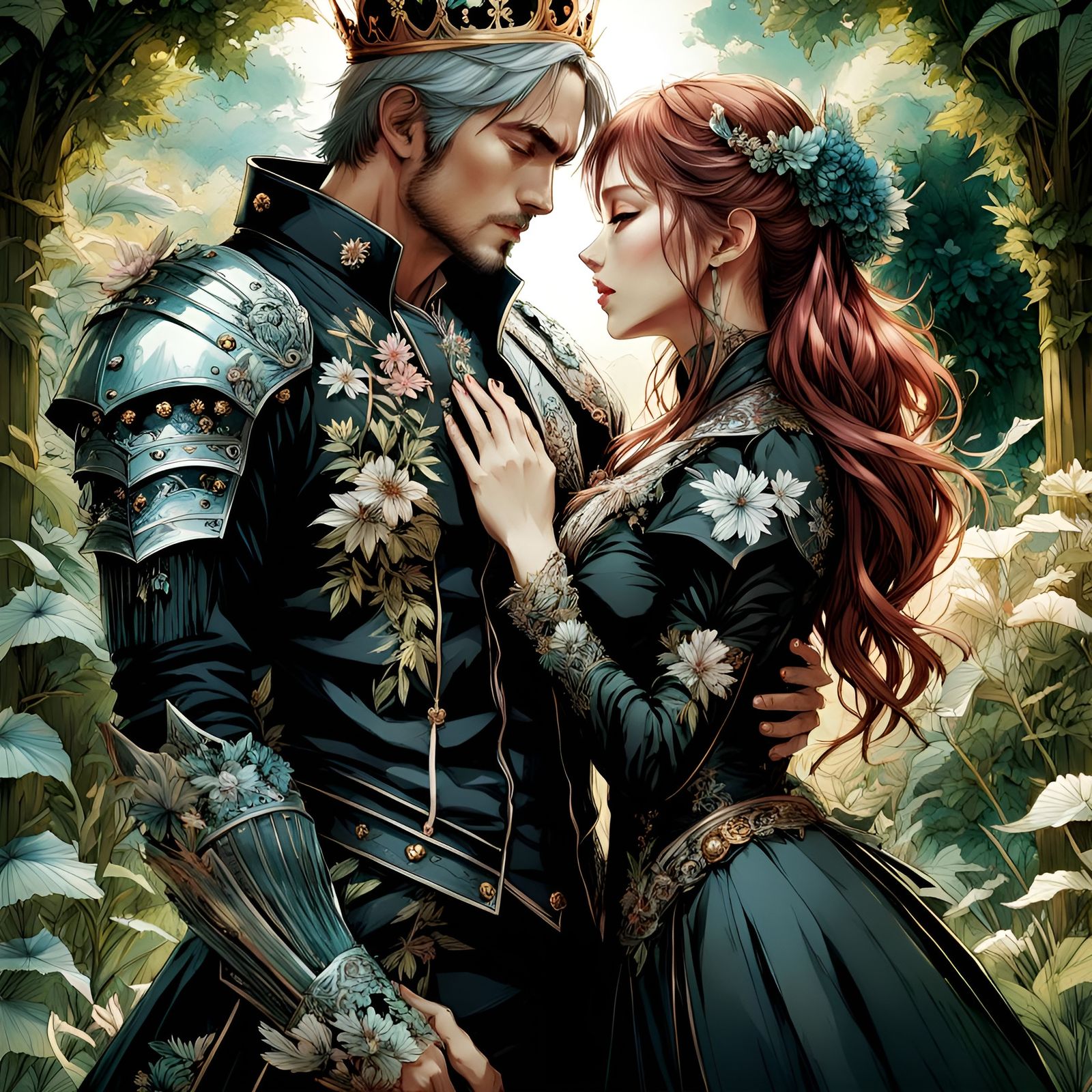 King Embraces Lady in Garden: Manga Style