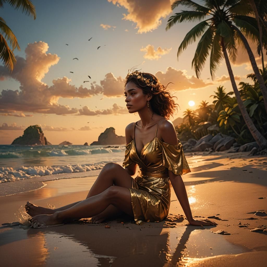Woman on Tropical Beach at Sunset