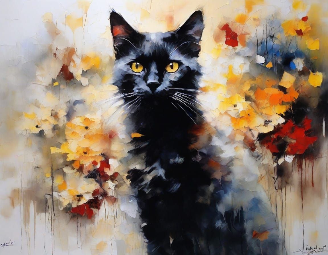 Chubby Black Cat in Elegant Gown by Warm Fireplace