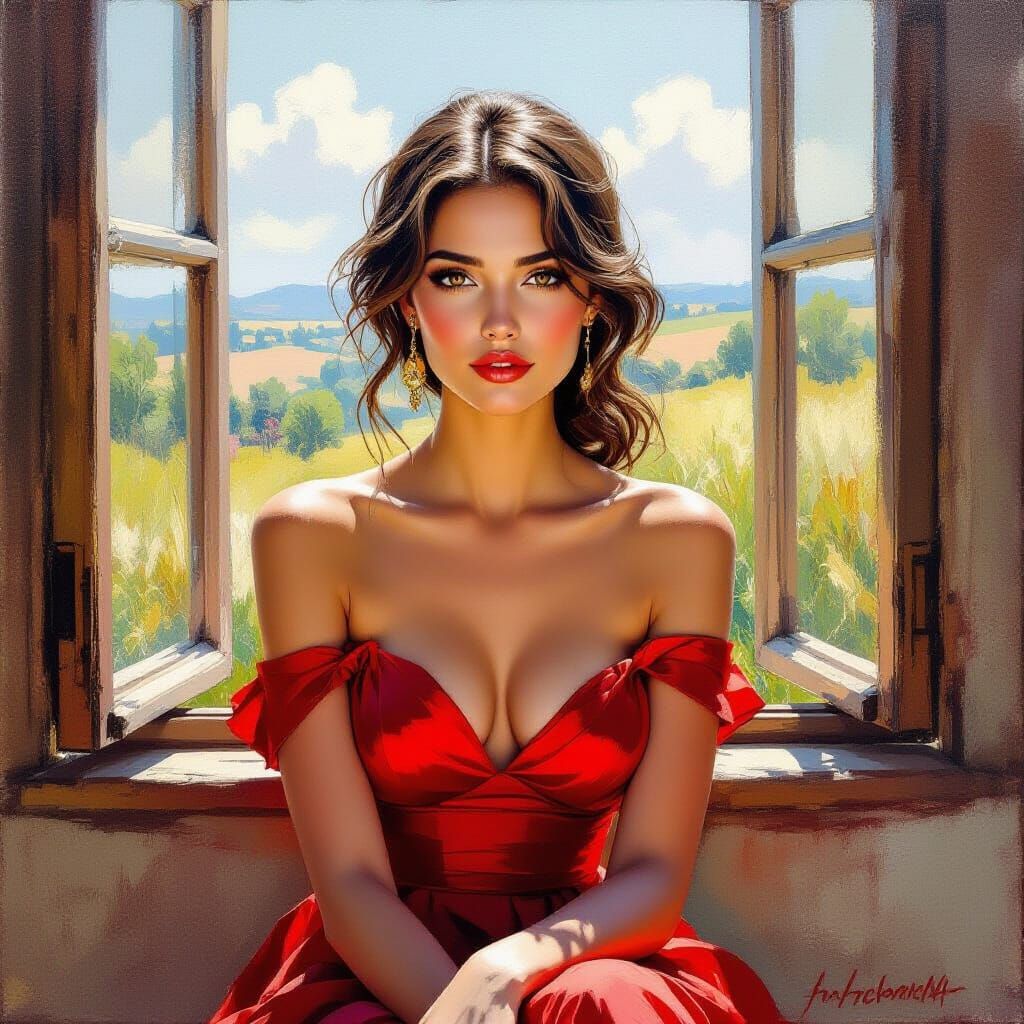 Expressionist Portrait of Woman in Red Dress