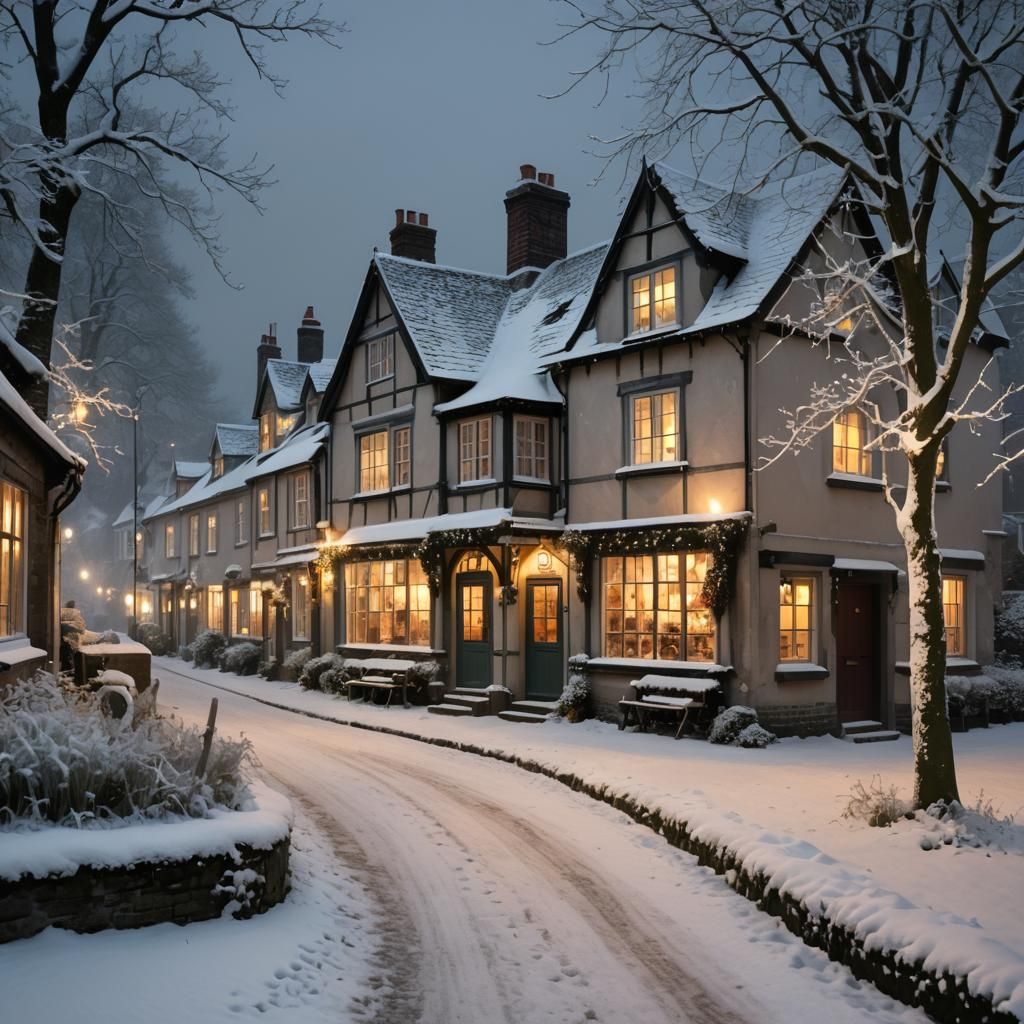 Quaint English Village in Winter: Realistic Photography