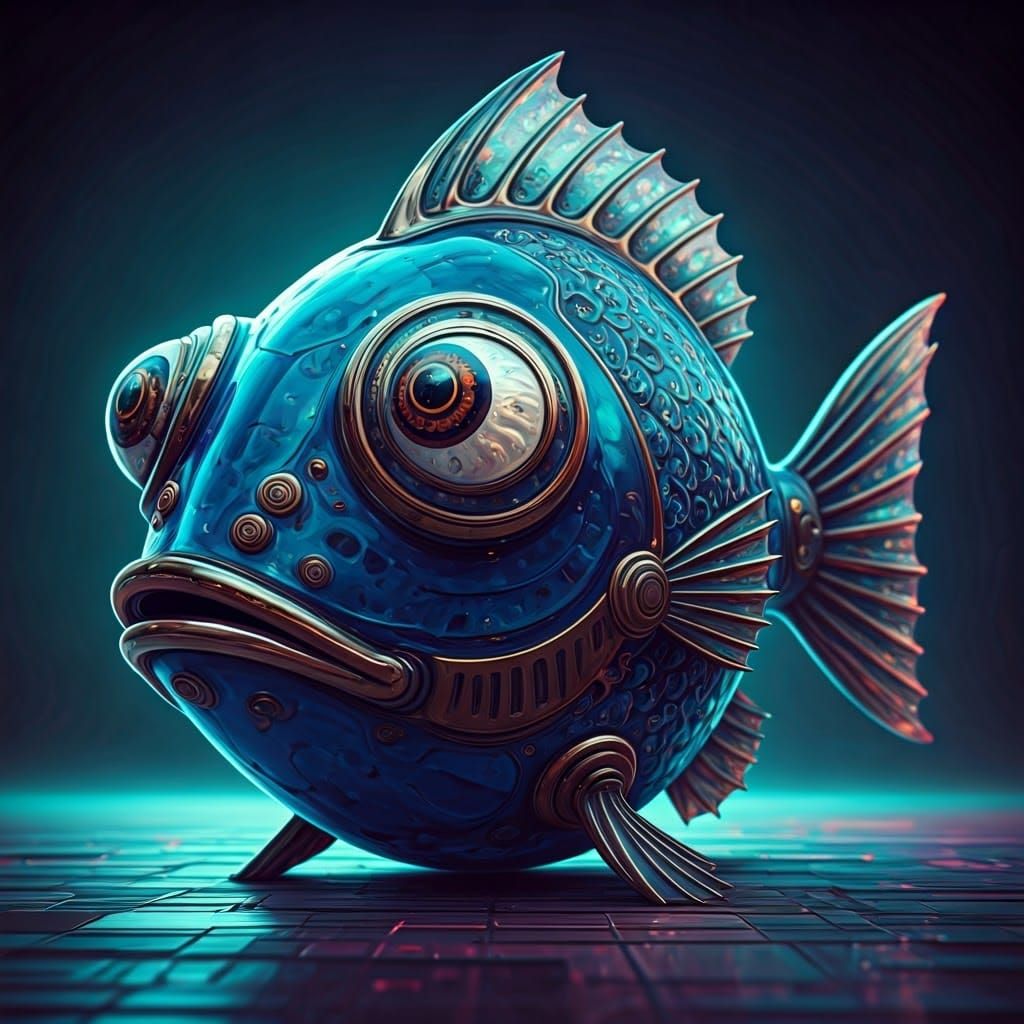 Cobalt Glass Fish Sculpture in Synthwave Setting