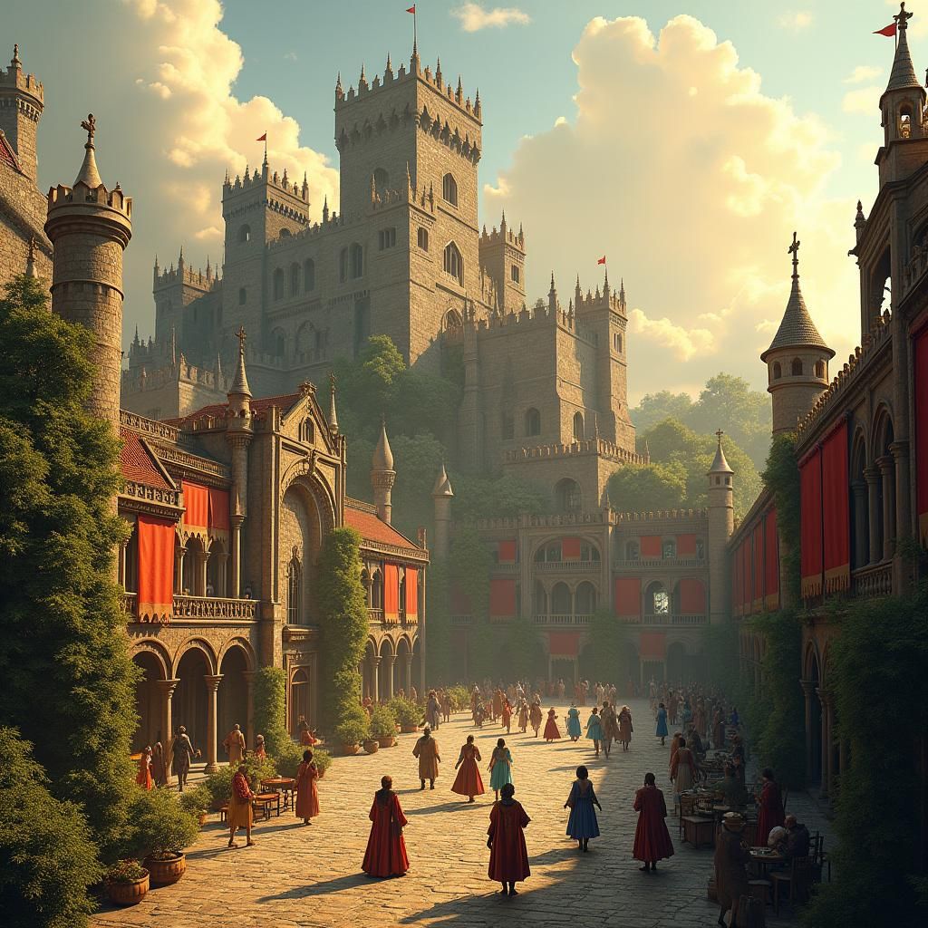 Detailed Medieval Castle Courtyard in Matte Painting Style
