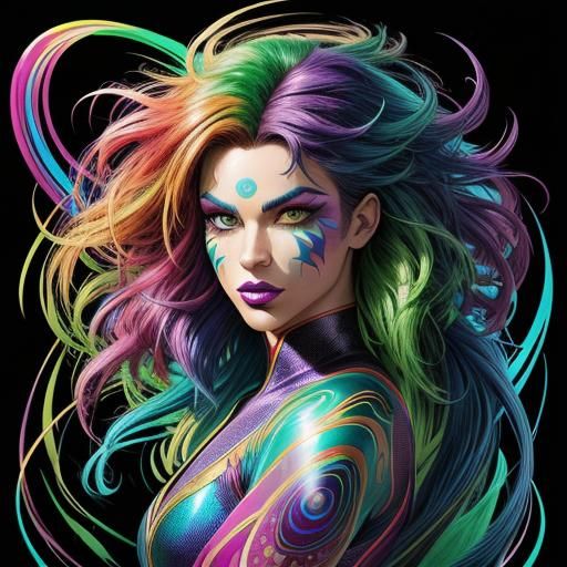 Rainbow Woman with Peacock Hair in Comic Book Art