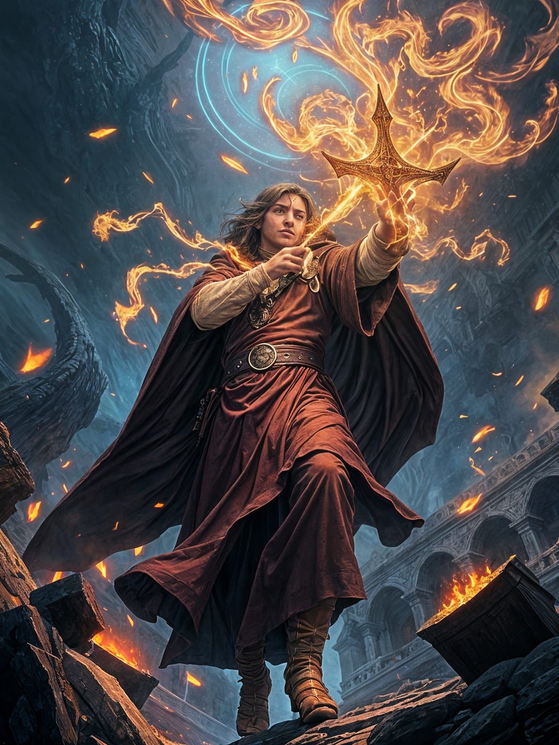 A mysterious mage casting a powerful spell