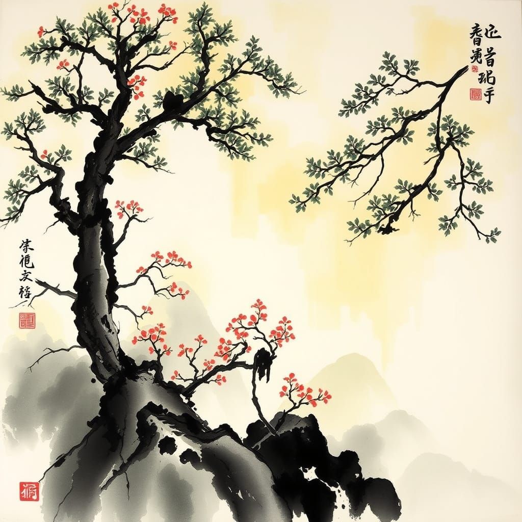 Ethereal Ink Landscape with Taoist Whispers