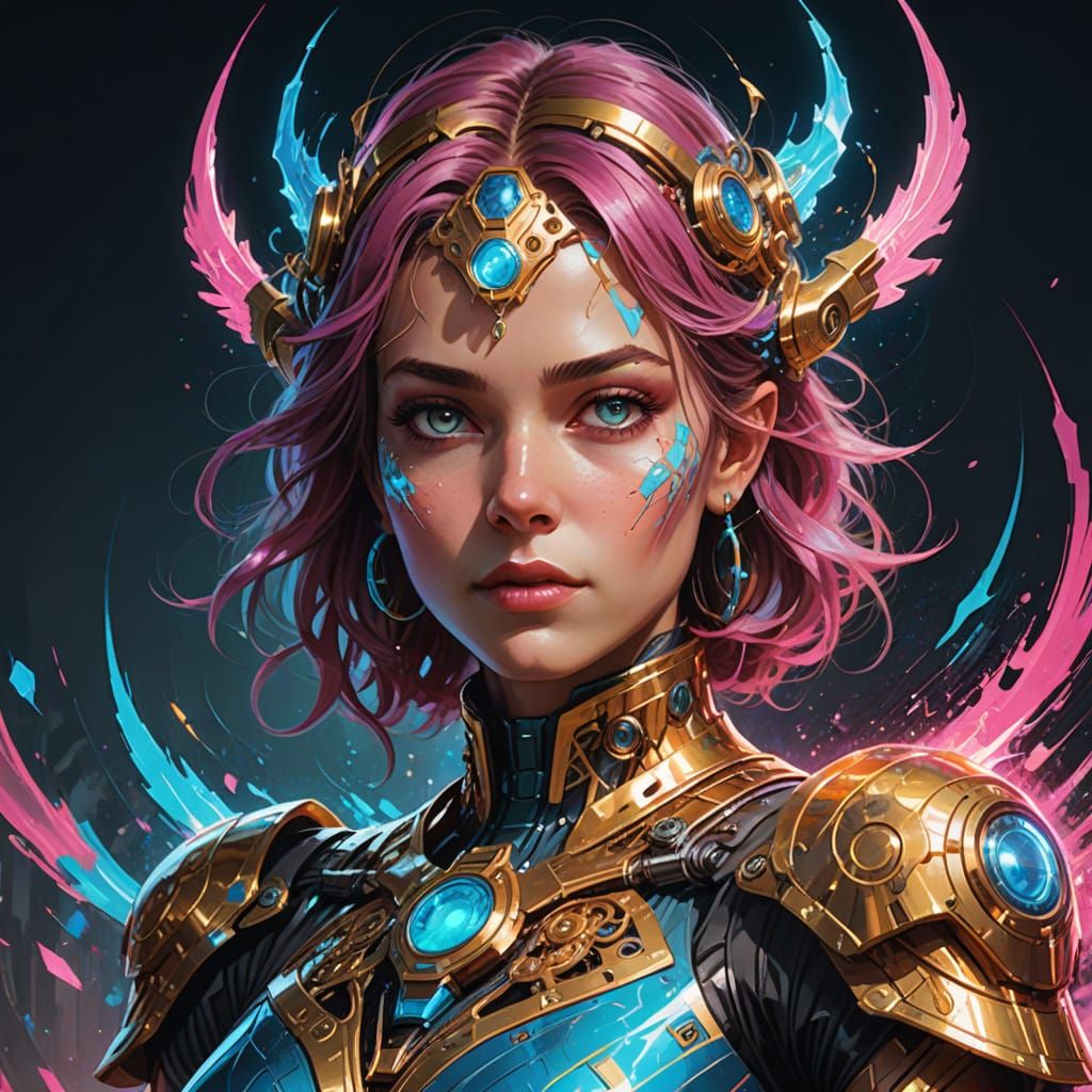 Heroic Cyborg Warlock in Vibrant Comic Art Style