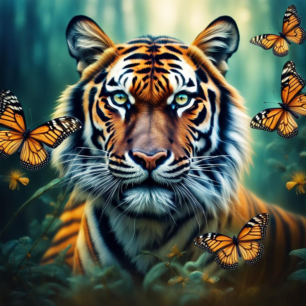 Double Exposure: Tiger and Butterflies in High Resolution