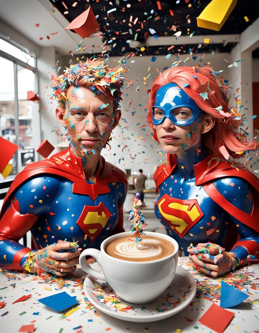 Confetti Superheroes Cafe Scene in 3D Style