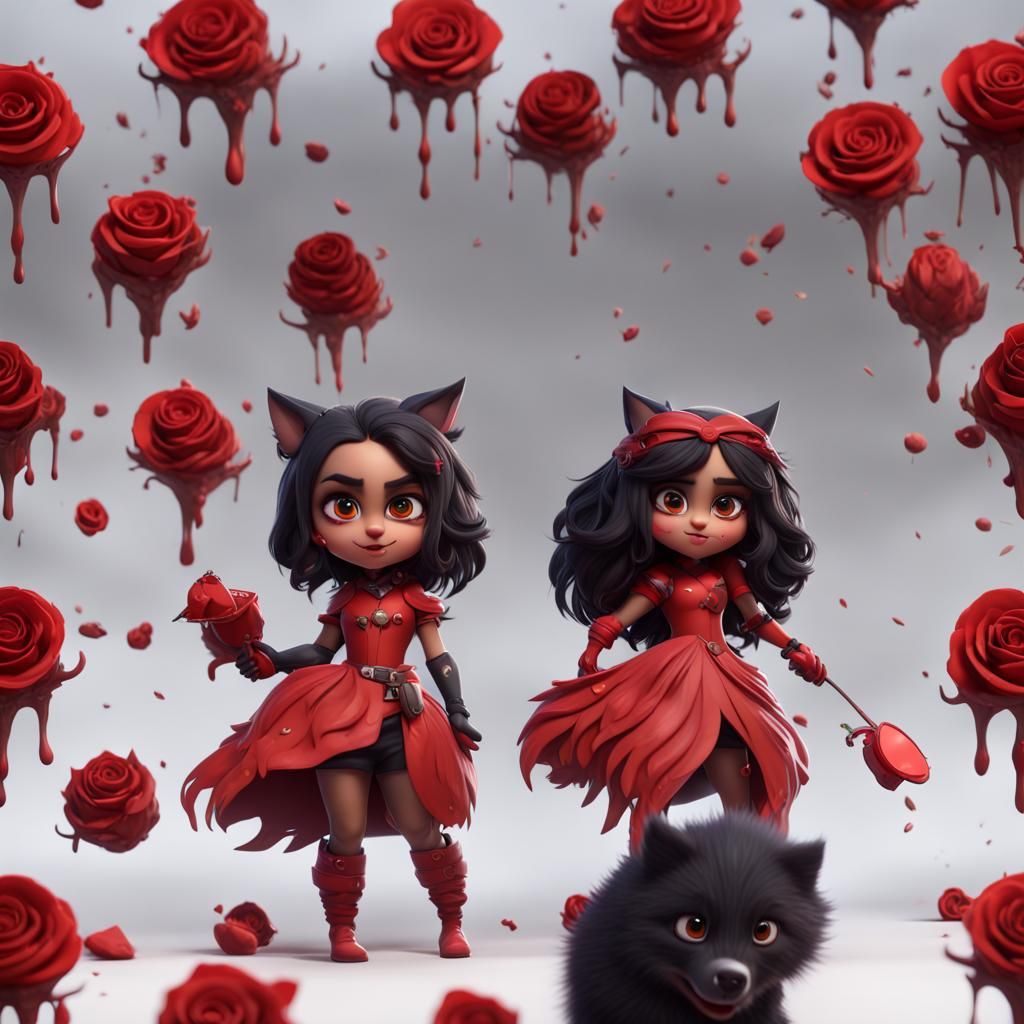 Red Rose with Blood and Black Wolf in Pixar Style