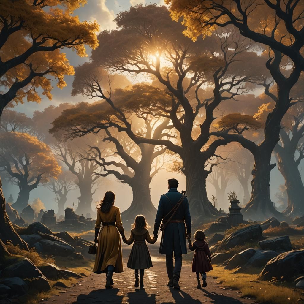 Family Walk at Sunrise: Fantasy Concept Art