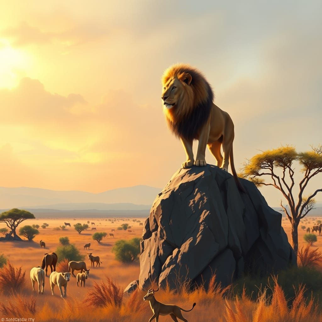 Lion at Dawn on Savanna in Golden Light