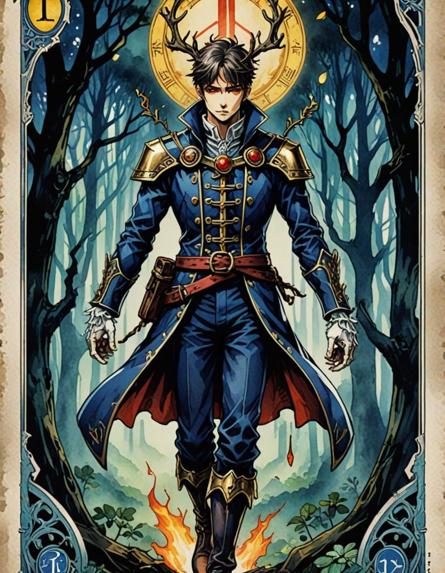 Watercolor Anime Tarot Card in Vibrant Cinematic Style