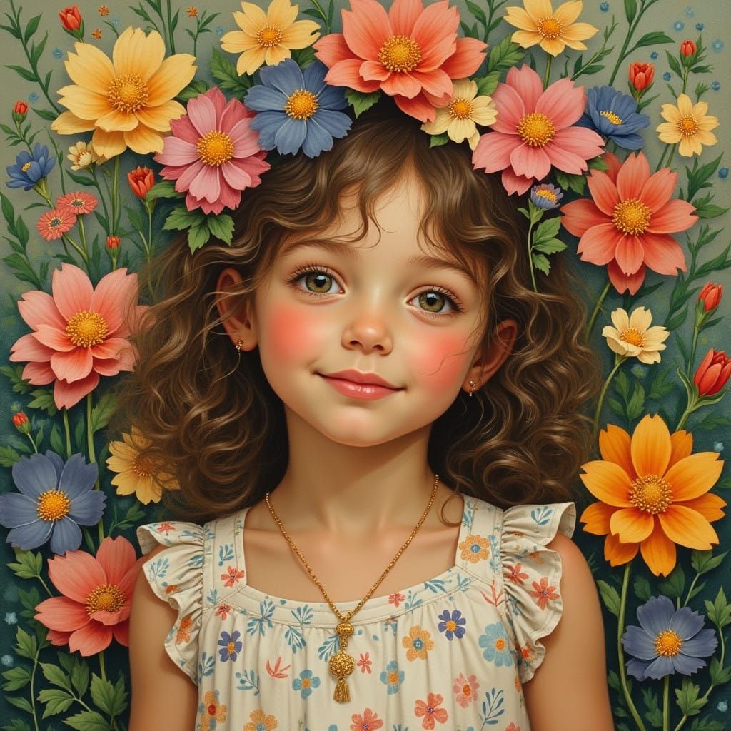 Gentle Girl Among Blooming Flowers in Folk Art Style