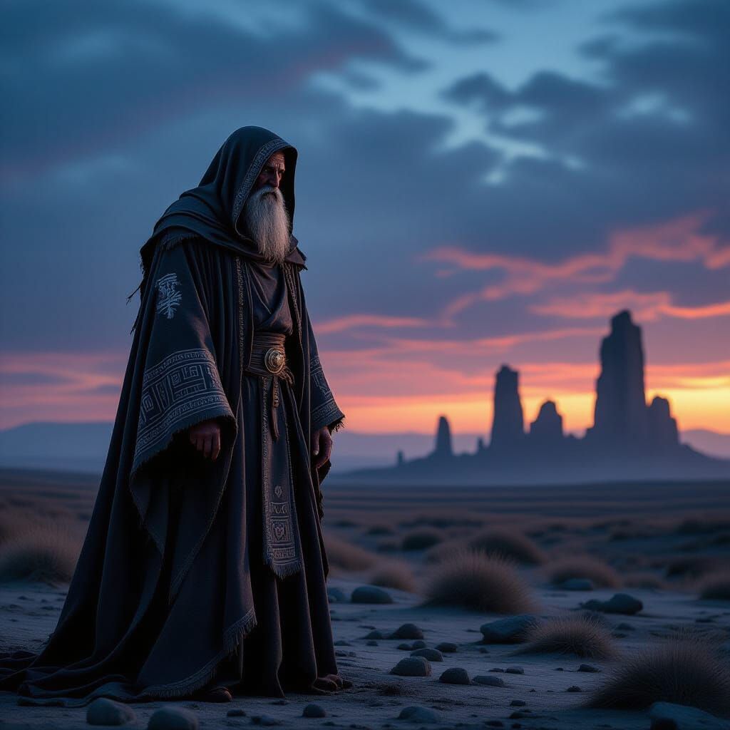 Ancient Wiseman on Windswept Plain Under Twilight Sky