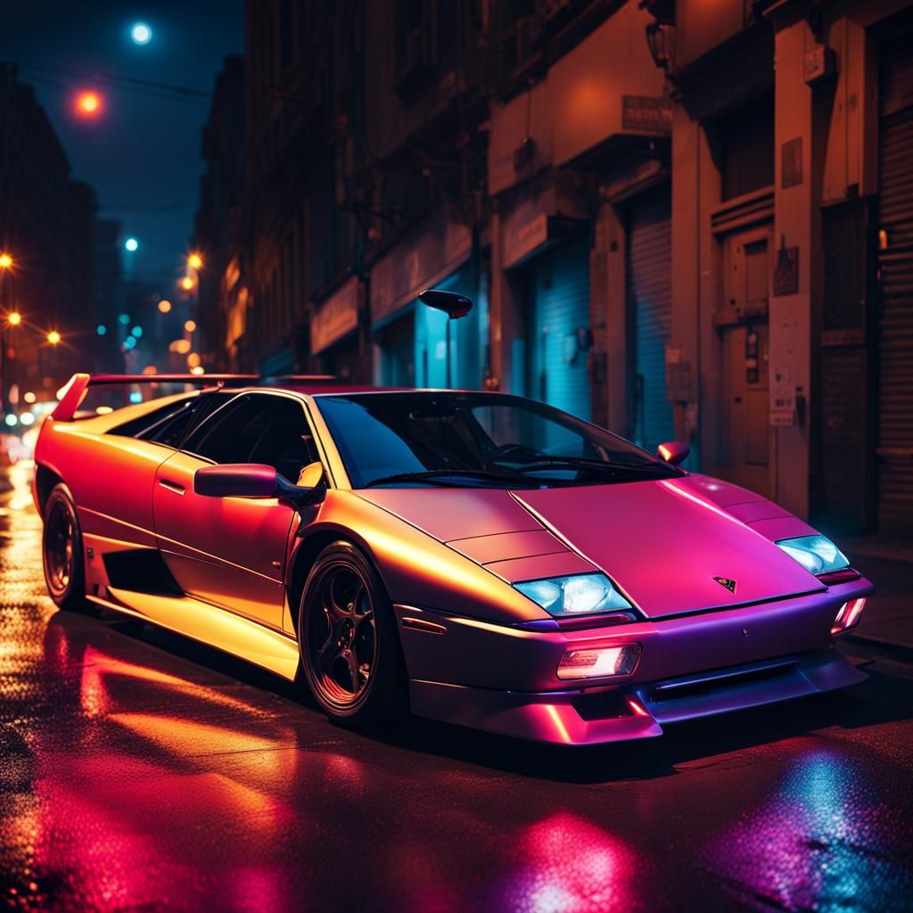 Lamborghini Diablo in Neon Lit Cityscape