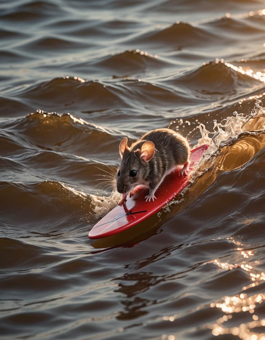 Mouse Surfing Waves in Sunlight: Professional Photography