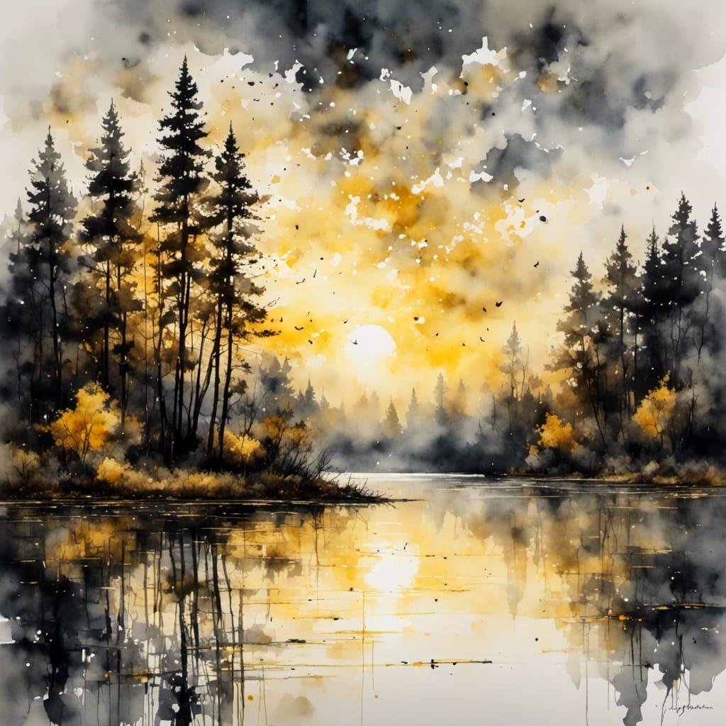 Dawn Over Lake in Antique Watercolor Style