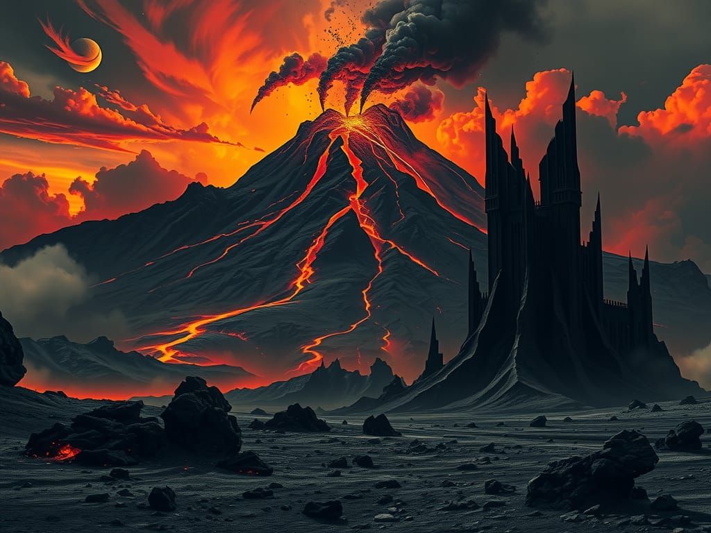 Mount Doom: Volcano Eruption in a Surreal Landscape