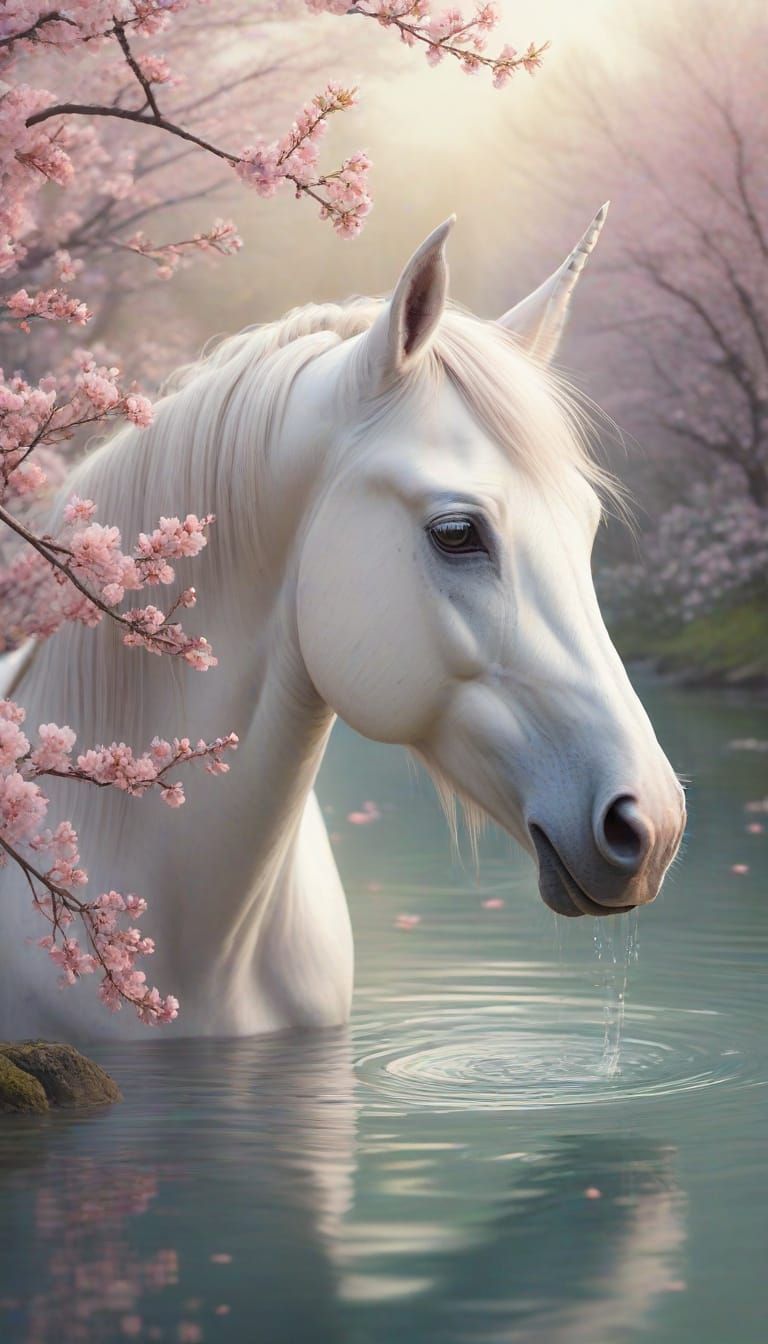 Whimsical Watercolor Unicorn in a Cherry Blossom Glade