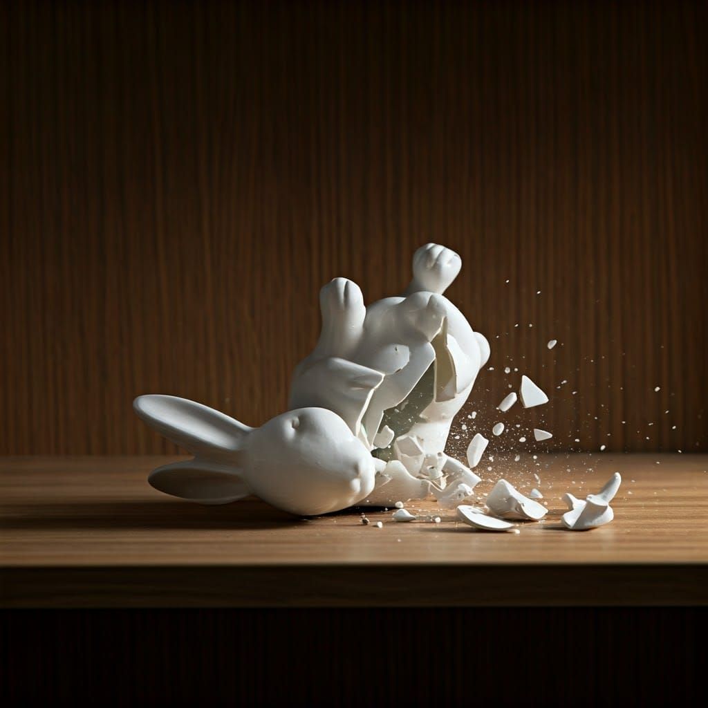 Ceramic Rabbit Breaks into Shattered Pieces on Hard Ground
