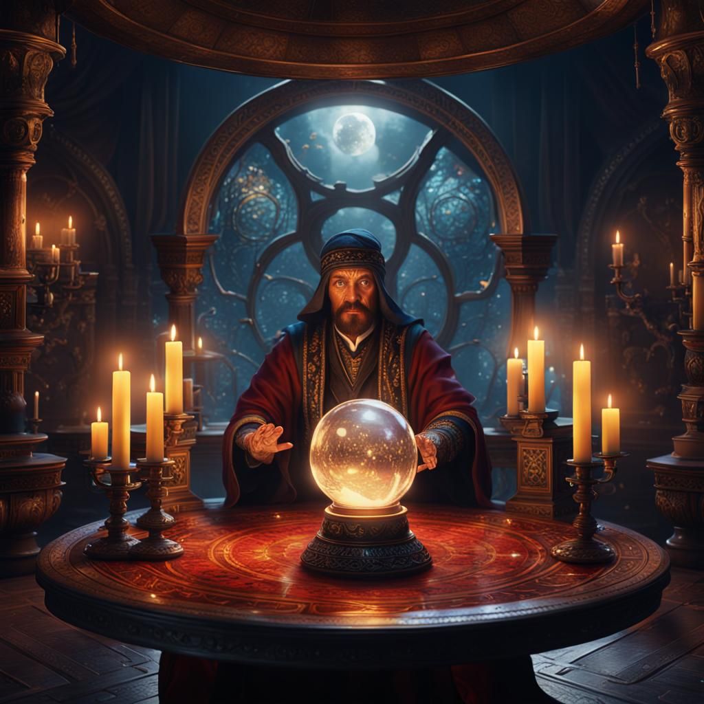 Mystical Fortune Teller at Crystal Ball Table