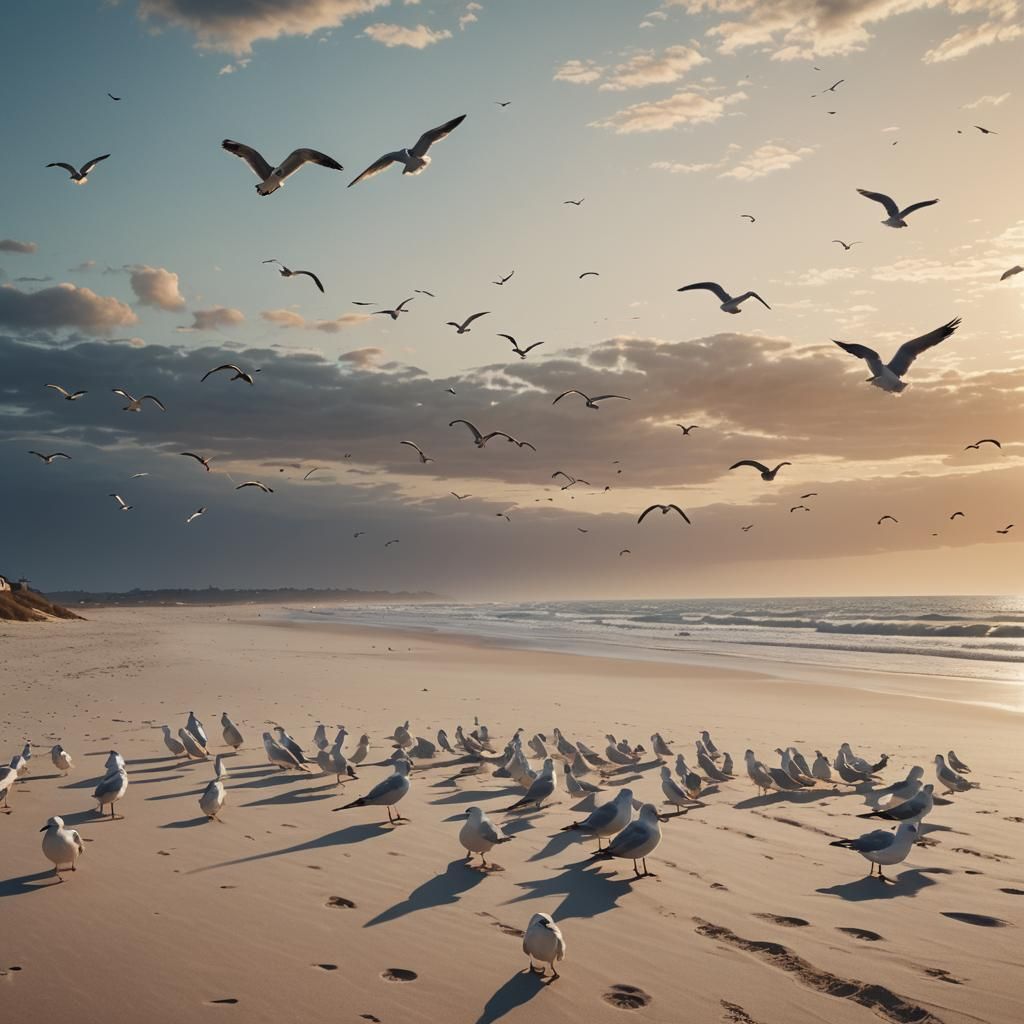 Deserted Beach with Seagulls in Maximalist Style