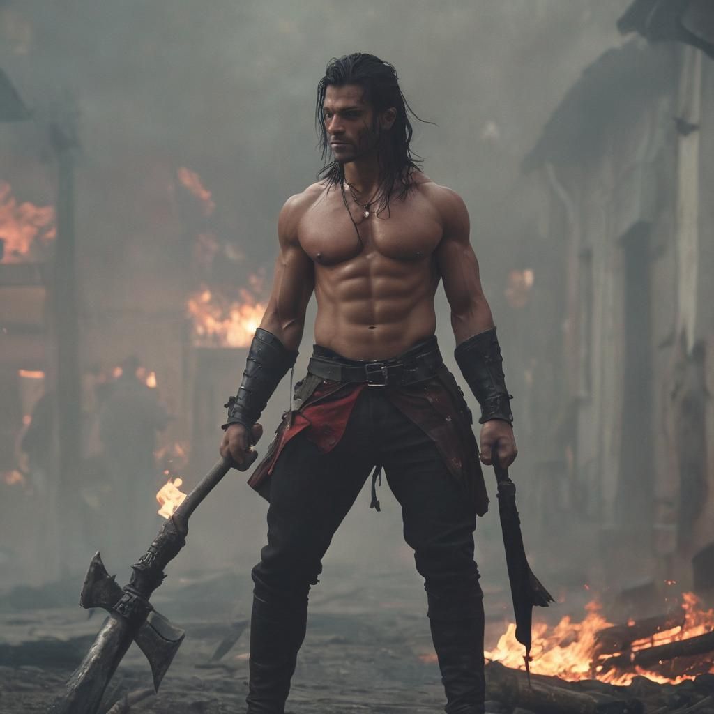 Hunter in Burning Town: Cinematic Film Still