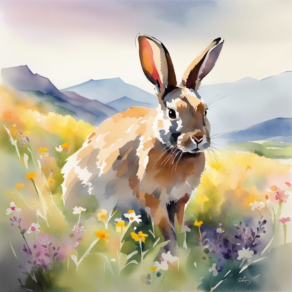 Rabbit in Wildflowers: Watercolor Splash Art