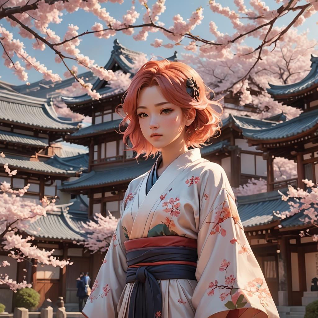 Anime Girl in Cherry Blossom Garden, 3D Render