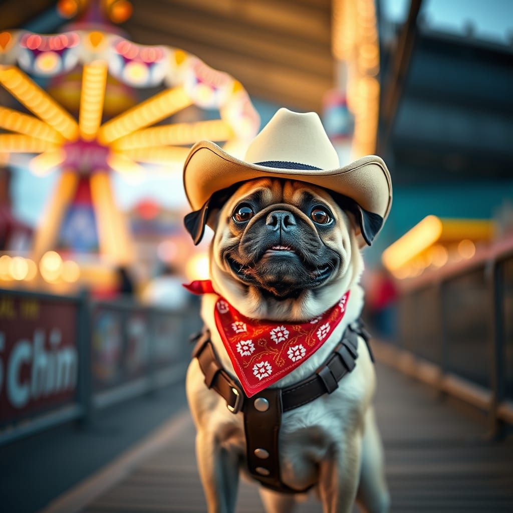 Pug Dog at Calgary Stampede Fairgrounds in Cowboy Gear