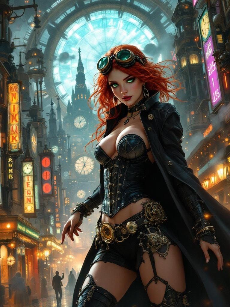 Steampunk Rogue in Art Nouveau Cityscape
