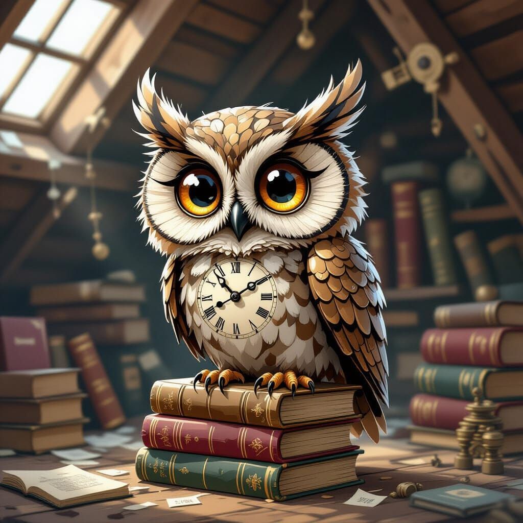 Clockwork Owl on Books in Dusty Attic Illustration
