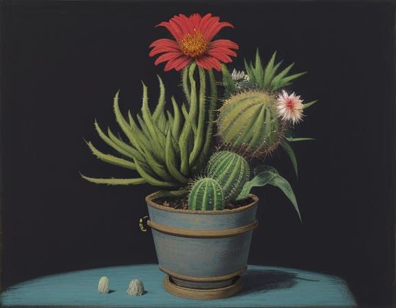 Lantern, Cactus and Blueprint in Basquiat-Beksiński Style