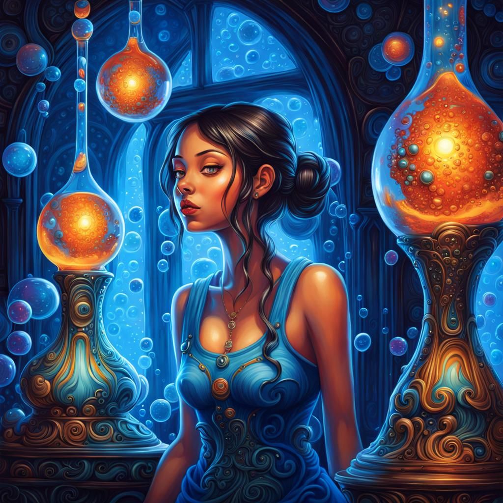 Girl Mesmerized by Psychedelic Lava Lamp in Art Brut