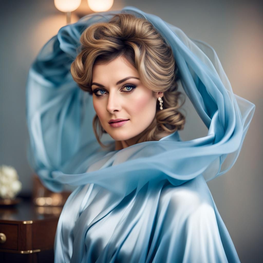 Woman wearing a navy blue chiffon voile robe. Wearing a silk...