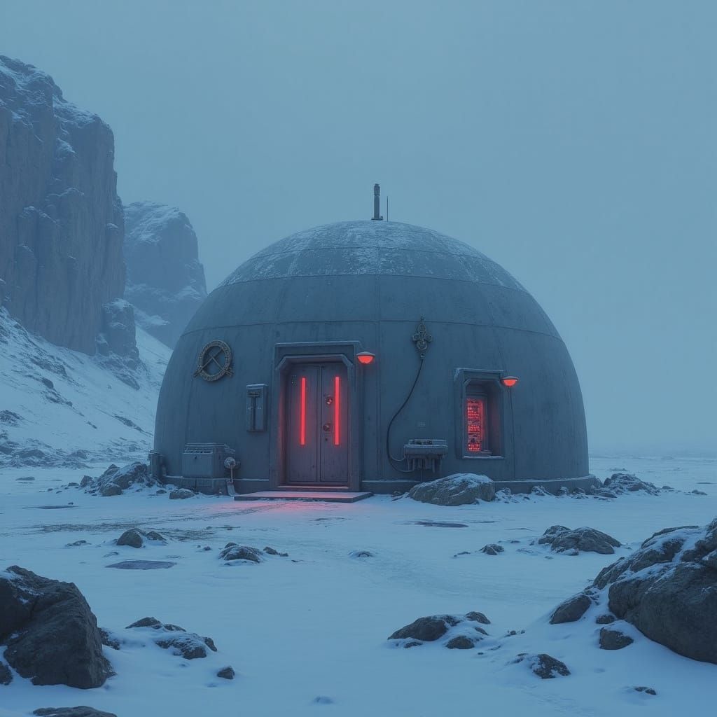 Sci-Fi Dome in Icy Tundra with Robotic Station
